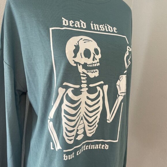 “Dead Inside But Caffeinated” Green Funny Skeleton Coffee Shirt: Mens XS (V6) - Picture 2 of 8